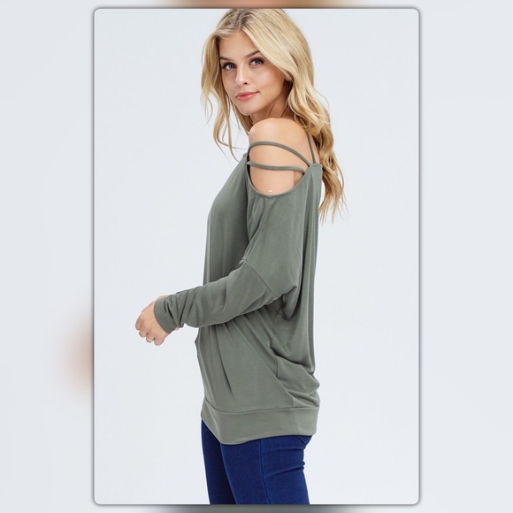 Olive Green Strap Open Shoulder Long Sleeve Top - Picture 3 of 4